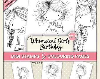 Whimsical Girls Birthday Digital Stamps & Coloring Pages – Clipart for Junk Journals, Cardmaking, Tags and Crafts PNG JPG - Set 2