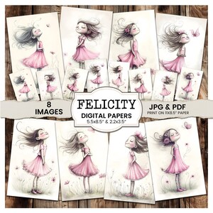 Felicity Digital Papers, junk journal printable art journal pages, whimsical digital papers, pink dress girl designs, artistic backgrounds