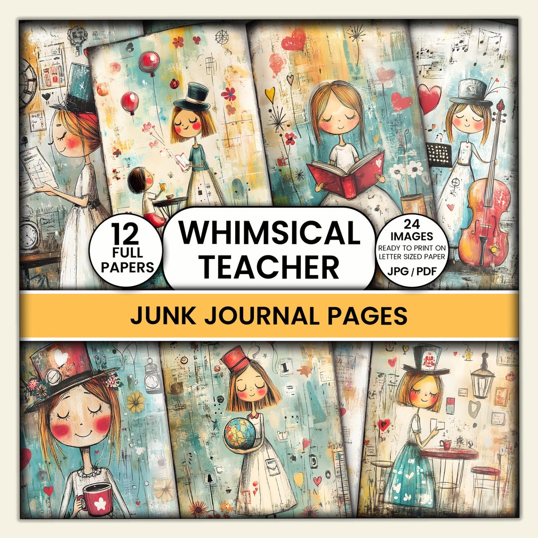 Whimsical Teacher Junk Journal Handmade, Vintage Teacher Pages, Digital Scrapbook Kit, Printable ...
