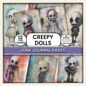Creepy Dolls Junk Journal Pages - Halloween, Gothic Scrapbooking, Horror Art Journal, Clown Papers, Dark Haunted Scary Dolls, Mixed Media