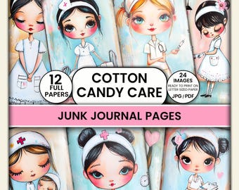 Puede incluir: Un conjunto de páginas de diario digital titulado "Cotton Candy Care". La imagen presenta ilustraciones de enfermeras con ojos grandes y mejillas rosadas. El conjunto incluye 12 papeles completos y 24 imágenes listas para imprimir en formato JPG/PDF.