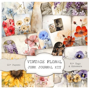 Vintage Floral - Printable Junk Journal Kit. Simple, Vintage Floral, Ephemera, Tags, Old Images, Craft Your Own Journal, Victorian Style
