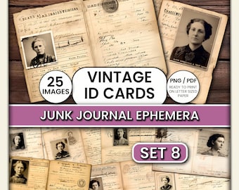 Vintage ID Cards Ephemera Set 8 – Printable Junk Journal Kit, 25 Antique Documents PNG/PDF