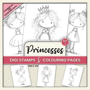 Whimsical Princess Digital Stamps & Coloring Pages – Clipart for Junk Journals, Cardmaking, Tags and Crafts PNG JPG Set 1
