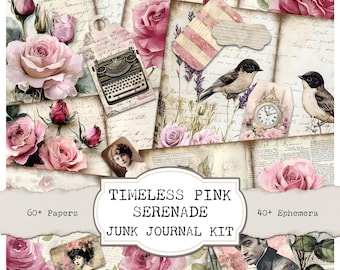 Vintage Pink Printable Junk Journal Kit. Florals Papers, Inserts, Tags, Ephemera, For Card Making, Junk Journalling and Papercrafts