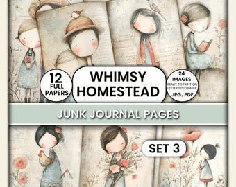 Pode incluir: Uma coleção de páginas de diário de lixo caprichosas com ilustrações de crianças e pássaros. A imagem inclui o texto "Whimsy Homestead", "12 Full Papers", "24 Images Ready to Print" e "Set 3".