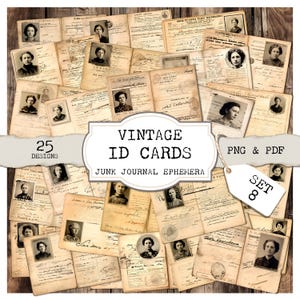 Cartões de identificação vintage Junk Journal Ephemera - Conjunto 8 (25 designs, PNG e PDF)
