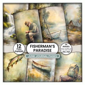 Fisherman Junk Journal Pages, Fishing Digital Paper, Rustic Outdoor Scrapbook Kit, Vintage Camping Ephemera, Nature Journal Printables