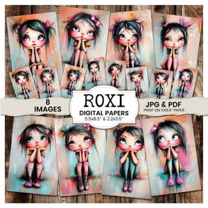 Roxi Digital Papers, junk journal printable art journal pages, whimsical digital papers, artistic backgrounds