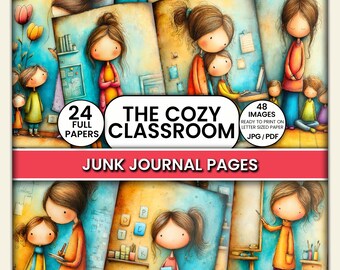 Może przedstawiać: Cyfrowy zestaw dziennika śmieciowego zatytułowany "The Cozy Classroom" z ilustracjami dzieci i nauczycieli. Obraz zawiera tekst "24 Full Papers" i "48 Images Ready to Print on Letter Sized Paper JPG/PDF". Ogólna kolorystyka jest miękka i zachęcająca.