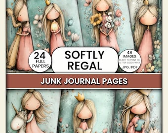 Puede incluir: Páginas de diario basura con ilustraciones de figuras tipo princesa con vestidos y coronas. Las páginas tienen un estilo suave de acuarela con elementos florales y caprichosos. El texto incluye "SOFTLY REGAL" y "JUNK JOURNAL PAGES".