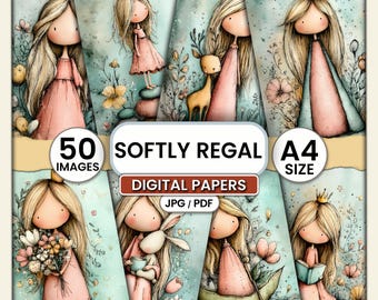 Puede incluir: Una colección de papeles digitales con ilustraciones de niñas de cuento de hadas con pelo largo y rubio, que llevan coronas y vestidos. Los papeles tienen una paleta de colores suaves y pastel con fondos florales e inspirados en la naturaleza. El texto de la imagen dice "50 IMAGES", "SOFTLY REGAL", "A4 SIZE", "DIGITAL PAPERS" y "JPG / PDF".