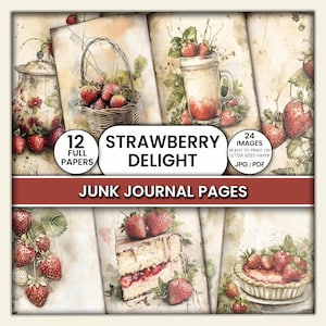 Strawberry Delight Junk Journal Pages - Nature Themed Papers. Use for Art Journal, Digital Collage Sheets, Scrapbooking & Crafting