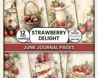 Strawberry Delight Junk Journal Pages - Nature Themed Papers. Use for Art Journal, Digital Collage Sheets, Scrapbooking & Crafting