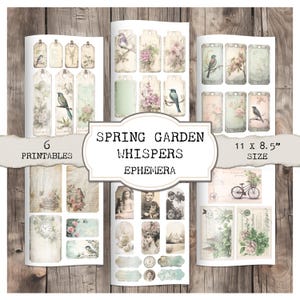 Spring Garden Whispers - Printable Junk Journal Ephemera. wildflower pages, bird ephemera, floral tags, spring green bookmarks, pastel pink