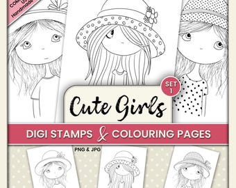 Whimsical Cute Girls Digital Stamps & Coloring Pages – Clipart for Junk Journals, Cardmaking, Tags and Crafts PNG JPG - Set 1