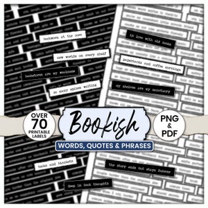 Bookish Quotes & Phrases – Junk Journal Words, Printable Inspirational Word Labels, Vintage Paper Ephemera, Old Typewriter,