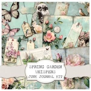 Spring Garden Whispers - Printable Junk Journal Kit. flower memories, printable pastel pages, bird clock ephemera, floral tags for crafting