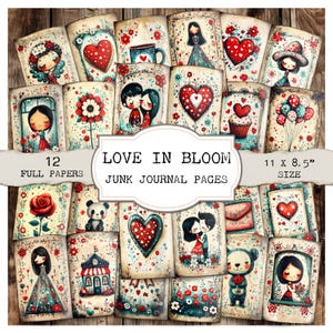 Love in Bloom Valentine Junk Journal Pages – Romantic Craft Kit, Whimsical Hearts, Cute Love Printables