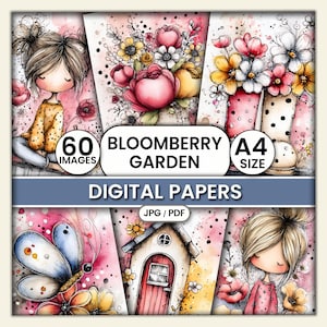 Può includere: Un set di carte digitali "Bloomberry Garden" con 60 immagini, formato A4, in JPG/PDF. L'opera presenta illustrazioni ad acquerello di fiori, farfalle e figure di ragazze stravaganti in una combinazione di colori rosa e giallo.