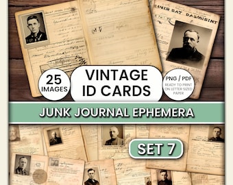 Vintage ID Cards Ephemera Set 7 – Printable Junk Journal Kit, 25 Antique Documents PNG/PDF