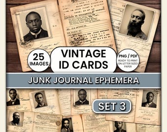 Vintage ID Cards Ephemera Set 3 – Printable Junk Journal Kit, 25 Antique Documents PNG/PDF