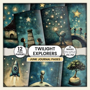 Páginas de diário fofas e divertidas – Papéis de noite estrelada para imprimir, crianças divertidas, lua, estrelas e galáxia - Diário de arte, colagem, cartões, álbuns de recortes