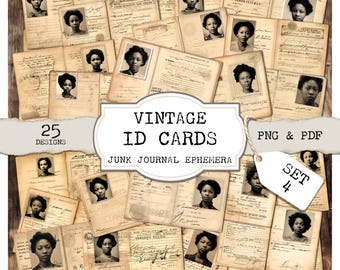 Cartes d'identité vintage Junk Journal Ephemera - Lot de 4 (25 modèles, PNG et PDF)