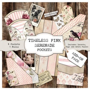 Kit complementario para diario basura Timeless Pink Serenade y Pocket and Folio. Archivos PDF, etiquetas de papel, papel pastel, reloj, pájaro y flores. Bolsillos imprimibles