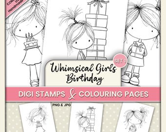Whimsical Girls Birthday Digital Stamps & Coloring Pages – Clipart for Junk Journals, Cardmaking, Tags and Crafts PNG JPG - Set 1