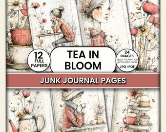 Tea in Bloom Junk Journal Pages, Vintage Floral Printable Papers
