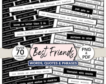 Frases y citas de mejores amigos: palabras para diarios creativos, etiquetas de palabras inspiradoras imprimibles, efímeros de papel vintage, máquina de escribir antigua,