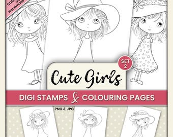 Whimsical Cute Girls Digital Stamps & Coloring Pages – Clipart for Junk Journals, Cardmaking, Tags and Crafts PNG JPG - Set 2