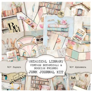 Whimsical Library Journal Full Kit - Vintage Books, Junk Journal Papers, journal writer, vintage rabbit illustrations, shabby chic paper
