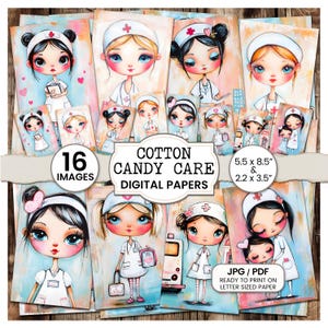 May include: A digital paper pack with 16 images featuring cute cartoon nurses with pink accents. The images are in a collage format and include the text "Cotton Candy Care Digital Papers".