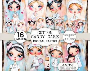 Puede incluir: Un paquete de papel digital con 16 imágenes que presentan a lindas enfermeras de dibujos animados con acentos rosados. Las imágenes están en un formato de collage e incluyen el texto "Cotton Candy Care Digital Papers".
