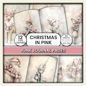 Junk Journal Seiten, Winter Papiere, Vintage Weihnachten in Rosa, Art Journal, Papercrafts, Collage, Mixed Media