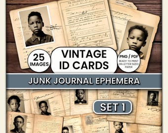 Vintage ID Cards Ephemera Set 1 – Printable Junk Journal Kit, 25 Antique Documents PNG/PDF