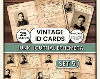 Vintage ID Cards Ephemera Set 5 – Printable Junk Journal Kit, 25 Antique Documents PNG/PDF