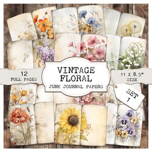 Floral Vintage - Papéis de diário de lixo para impressão - Páginas inteiras - CONJUNTO 1. JPGs e PDFs, Flores, Narcisos, Cravos, Lavanda, Girassóis