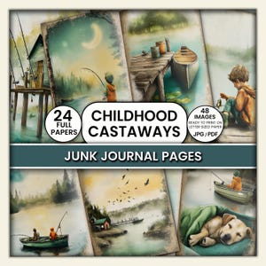 Fishing Junk Journal Pages - Childhood Castaways Lake Paper Pack, Boyhood Outdoor - Use for Art Journal, Collage, Scrapbooking & Crafting