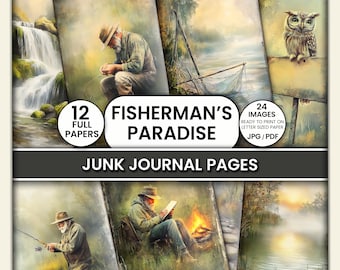 Fisherman Junk Journal Pages, Fishing Digital Paper, Rustic Outdoor Scrapbook Kit, Vintage Camping Ephemera, Nature Journal Printables