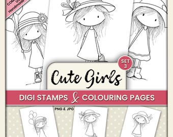 Whimsical Cute Girls Digital Stamps & Coloring Pages – Clipart for Junk Journals, Cardmaking, Tags and Crafts PNG JPG - Set 3