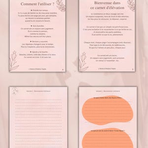 Op de afbeelding: Vier open notitieboeken met tekst en illustraties. De pagina's hebben een lichtroze achtergrond met Franse tekst. De notitieboeken heten "Volume 1 - Reconnexion int&eacute;rieure" en "L'Antre d'Ambre-Ysatis".