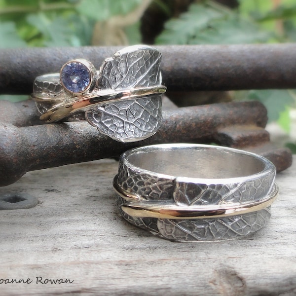 Fields of Gold...Sage Leaf Ring Set in Sterling Silver and 14 Karat Gold with Natural Sapphire.