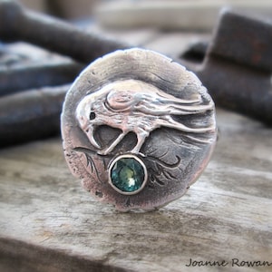 Raven Relic Ring, Sterling Silver and Genuine Sapphire Talisman Ring