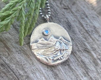 Calling the Moon Pendant, Petite Version, Sterling Silver Landscape Set with a Rainbow Moonstone, Mountain Necklace