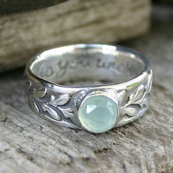 As You Wish...Rustic Romantic Vine Ring in Sterling Silver with Rose Cut Chalcedony...Wedding Engagement Promise Ring Secret Message