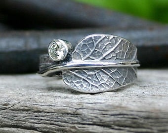 Sage Leaf Ring with Cubic Zirconia, Ethical Engagement Ring, Recycled Sterling Silver, Diamond Alternative Ring, Wedding Engagement