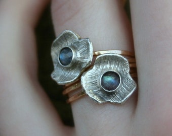 Blossom Stack...Set of Five Stacking Rings in Sterling Silver and Gold, with Rose Cut Labradorite Gemstones